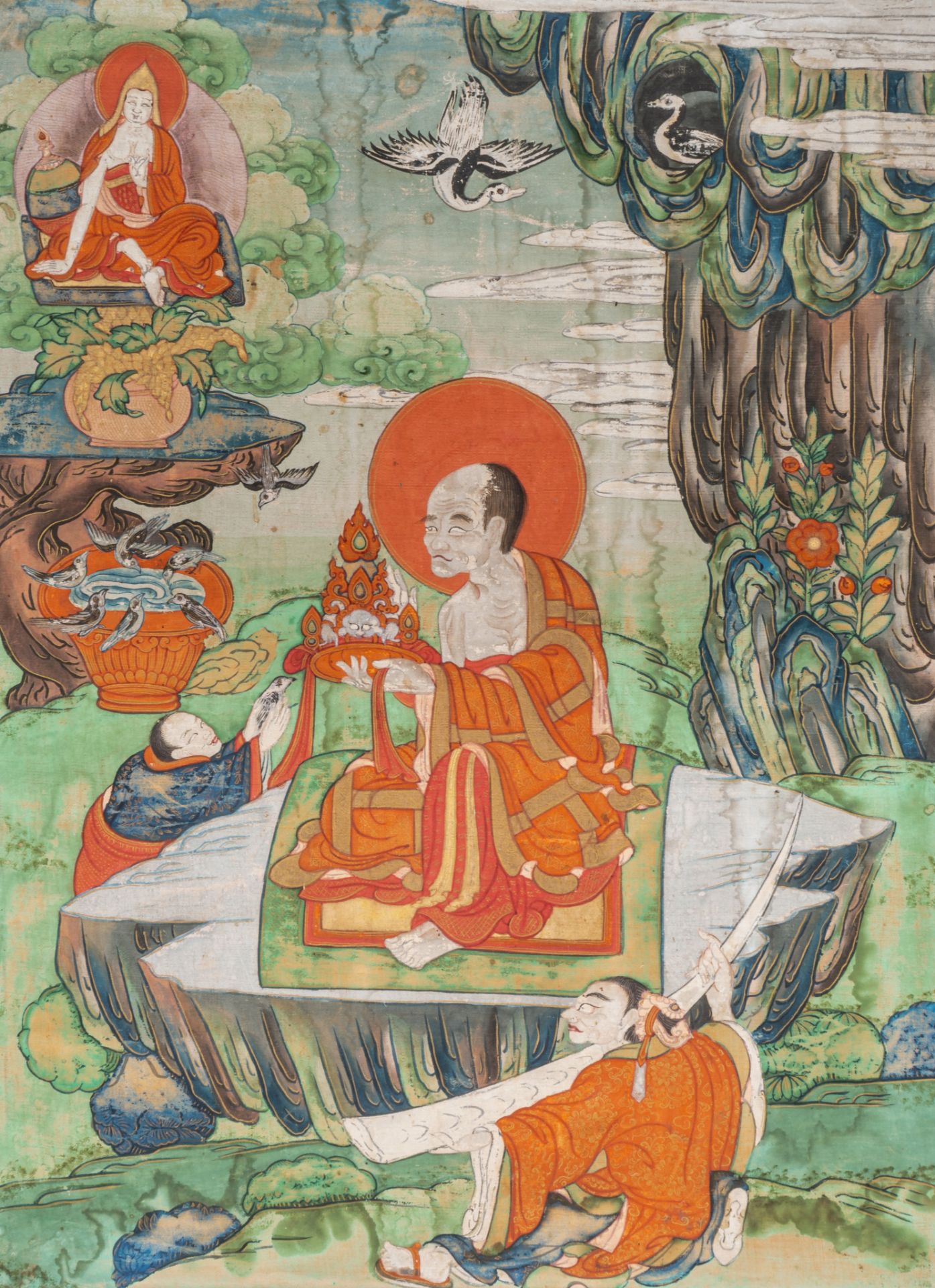 Two Tibetan Thangkas depicting an Arhat or Buddhist Elder, 18thC/early 19thC, framed 37 x 47,5 cm - Bild 5 aus 5