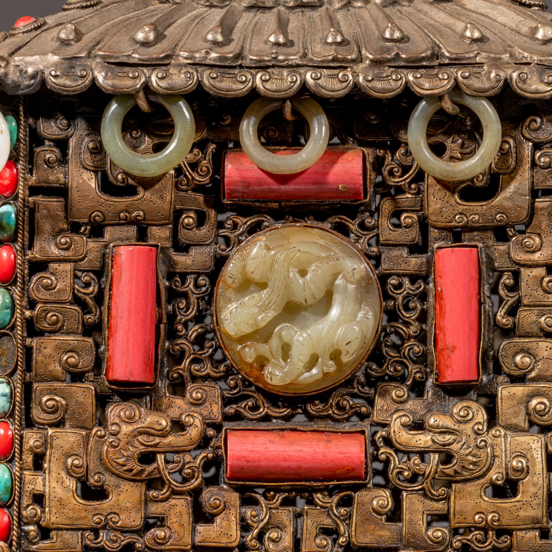 A massive Sino-Tibetan metal censer with jade carvings, coral and turquoise beads inlay, late 19thC, - Image 13 of 13