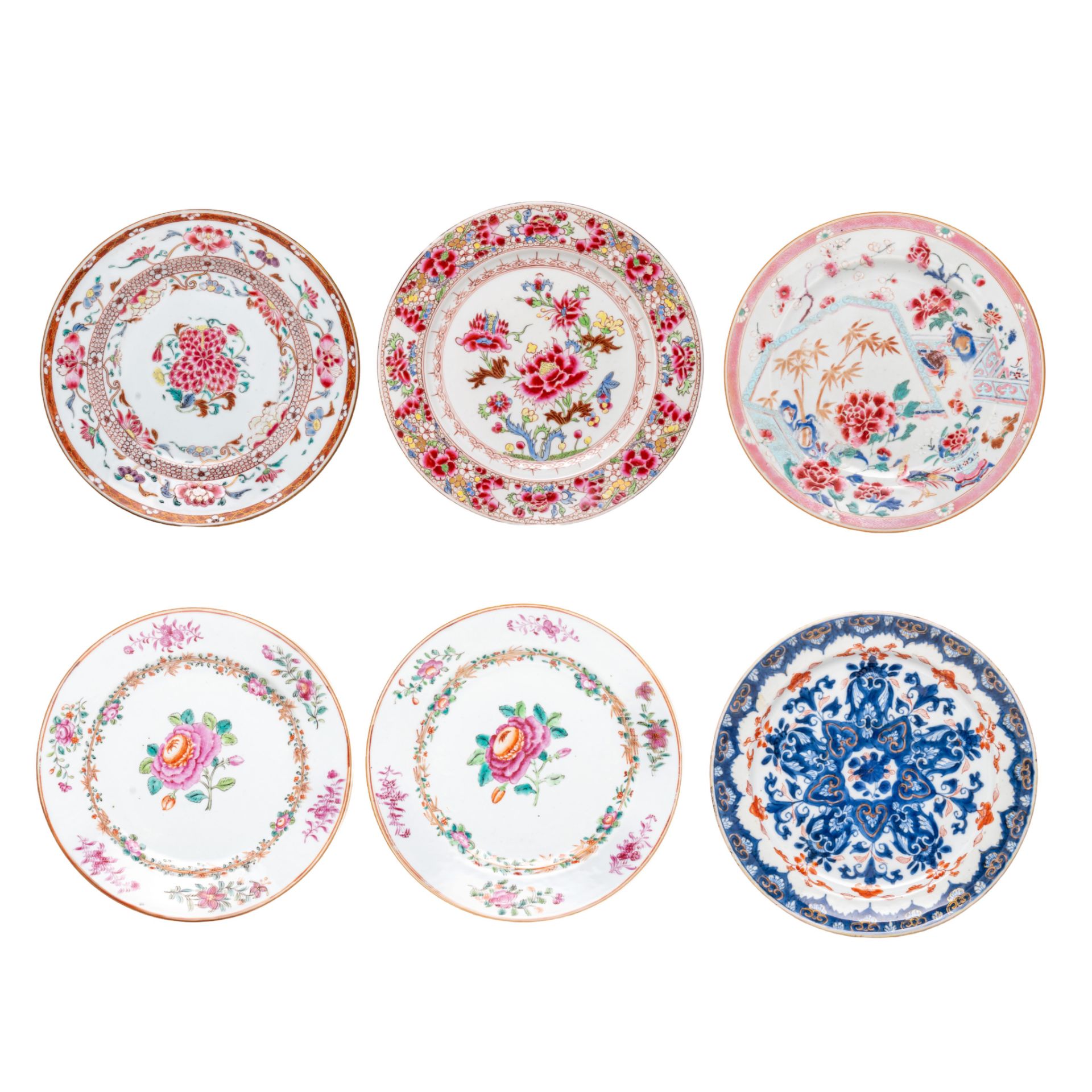 Four Chinese famille rose export porcelain dishes, 18thC - and a blue and white 'Lotus', Kangxi peri