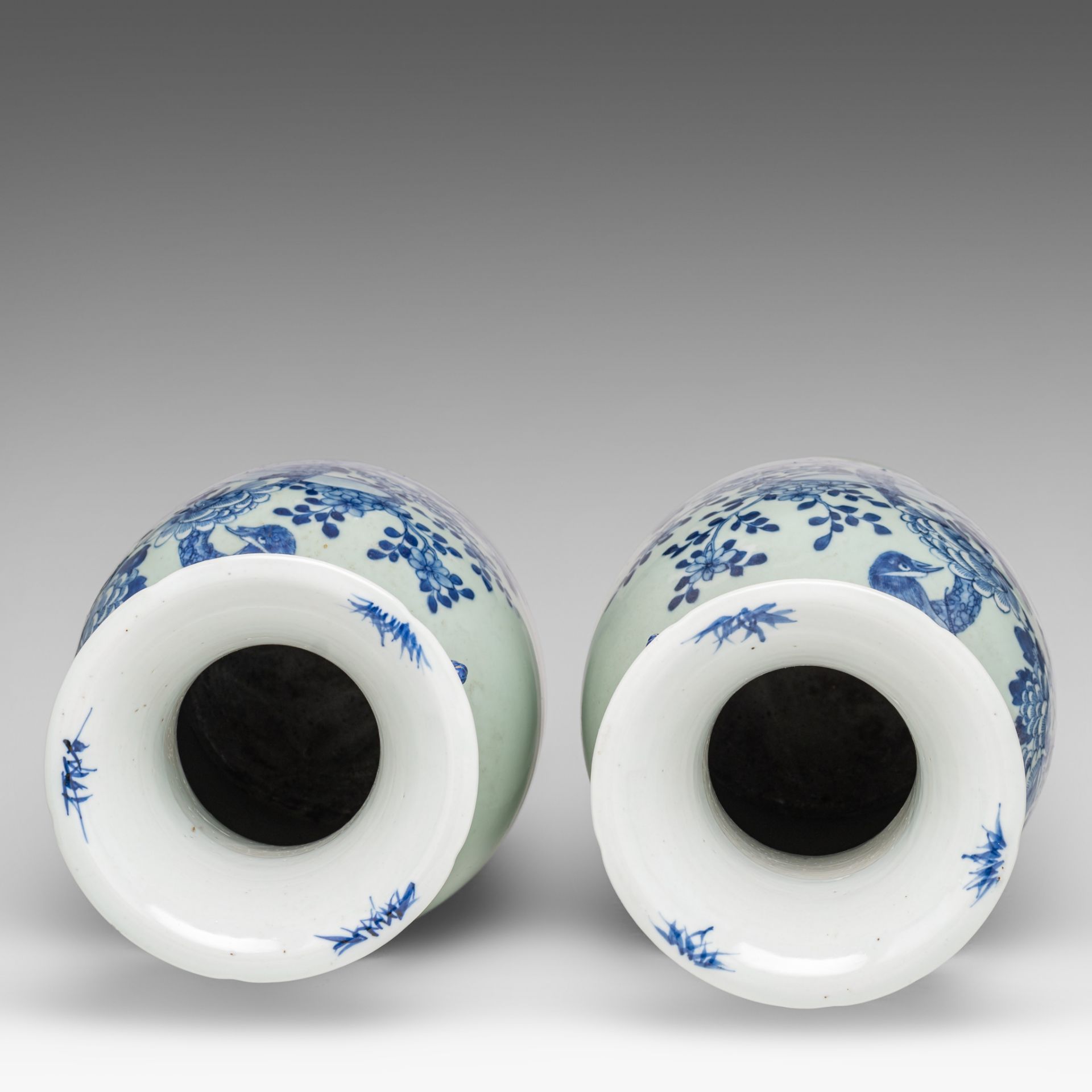 A pair of Chinese blue and white on celadon ground vases, paired with lingzhi handles, 19thC, H 58 c - Image 5 of 6