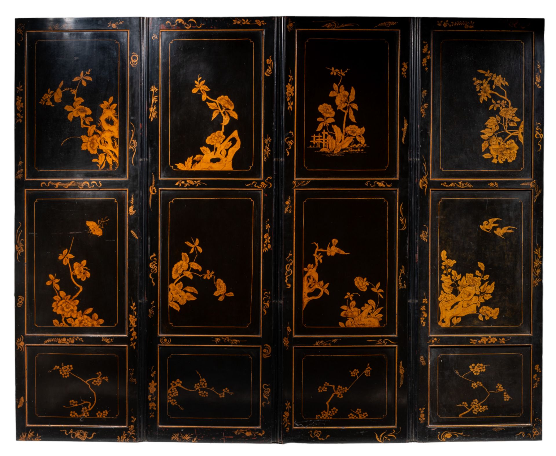 A Chinese gilt and black lacquered four-panel chamber screen, late 18thC, 60 x 198 cm (each panel) - Image 2 of 5