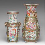 Two Chinese Canton famille rose vases, one paired with lion-head handles, 19thC, H 36 - 45 cm