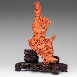 A Chinese red coral 'Female Immortal' carving, late Qing, H 44,5 cm - weight about 3500g (coral only