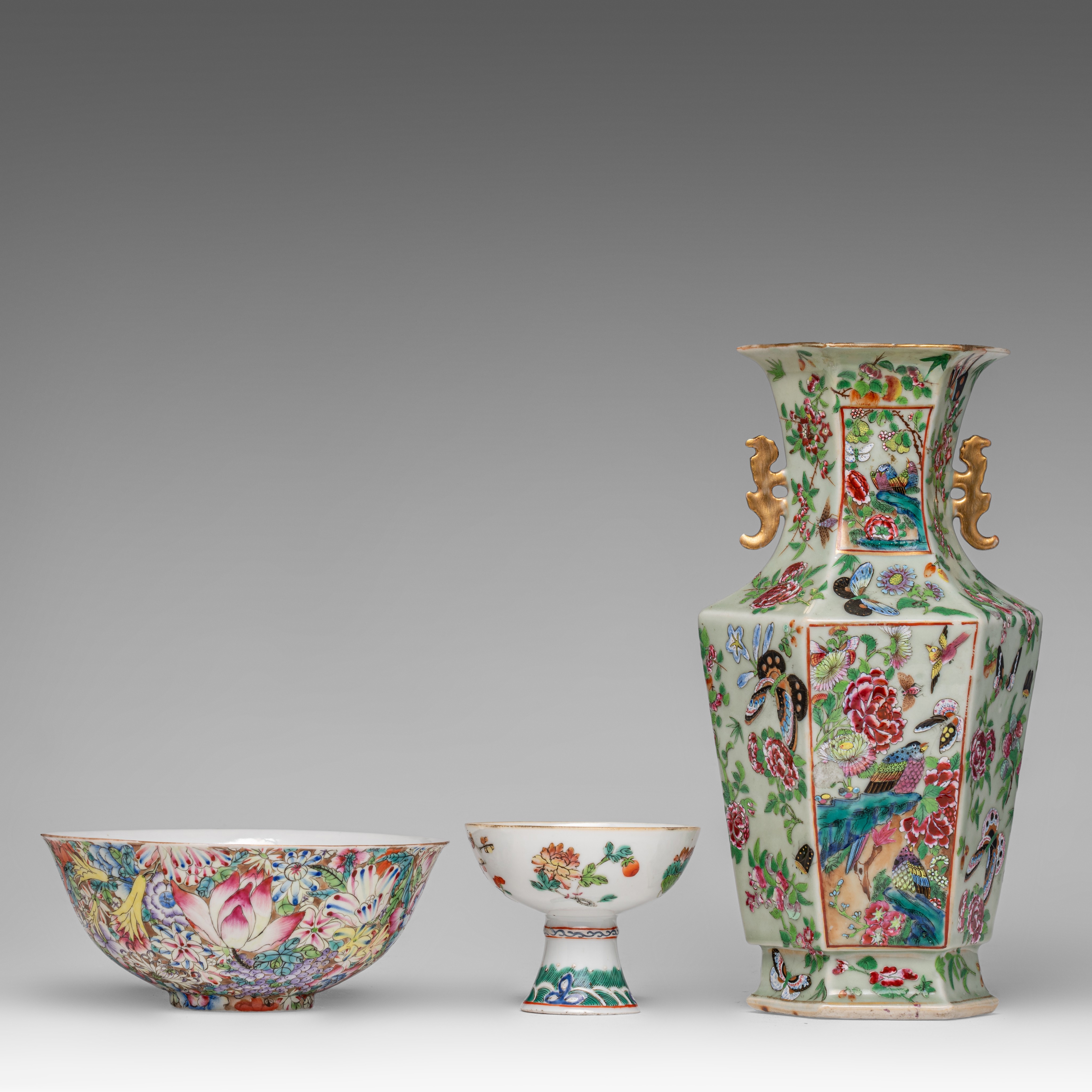 A collection of Chinese famille rose export porcelain ware and cloisonne ware, 19thC and 20thC, tall - Image 4 of 12