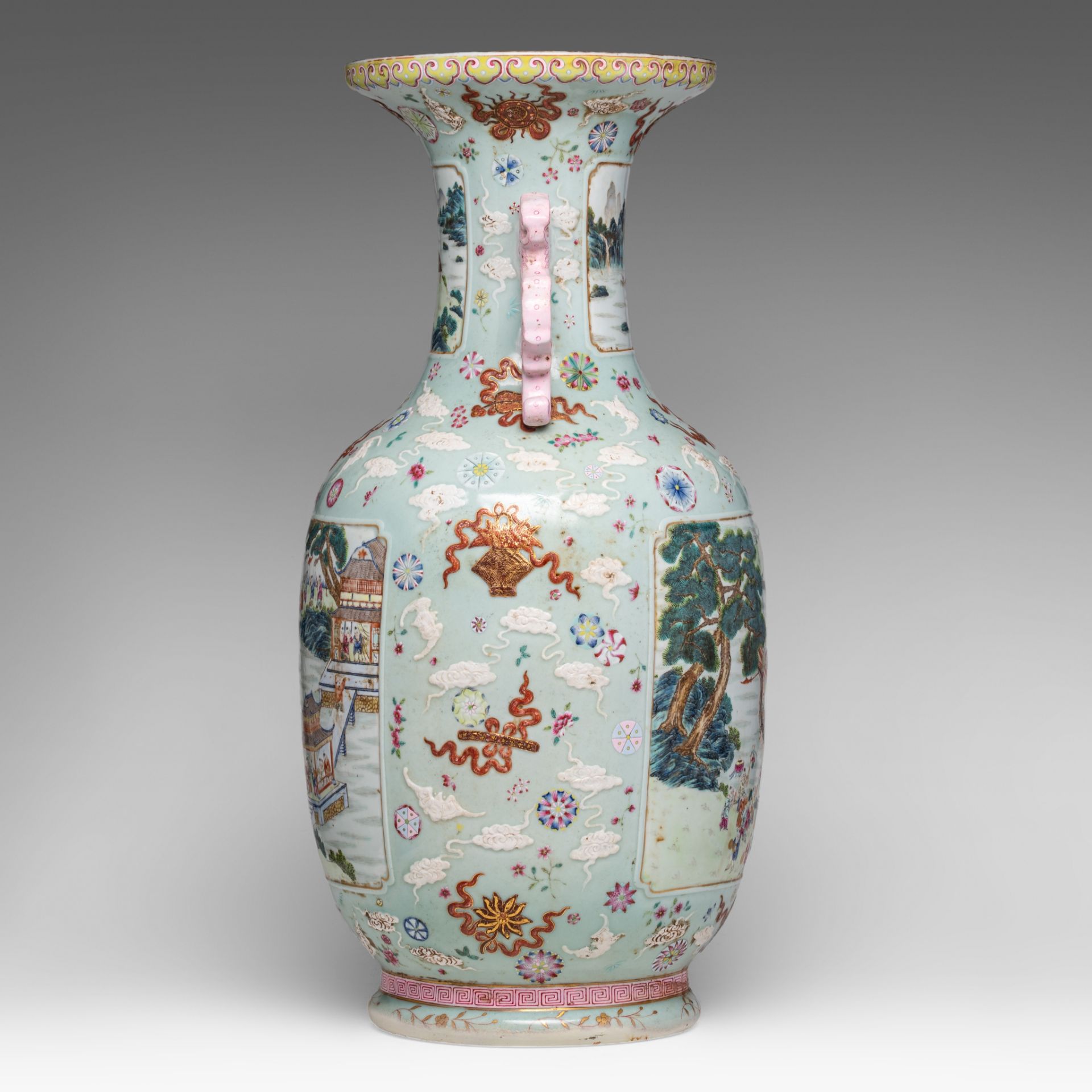 A large Chinese famille rose 'One Hundred Boys' vase, paired with dragon handles, with a Qianlong ma - Bild 4 aus 6