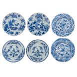 Three pairs of Chinese blue and white floral decorated dishes, Kangxi period, dia 19,5 - 21,8 cm