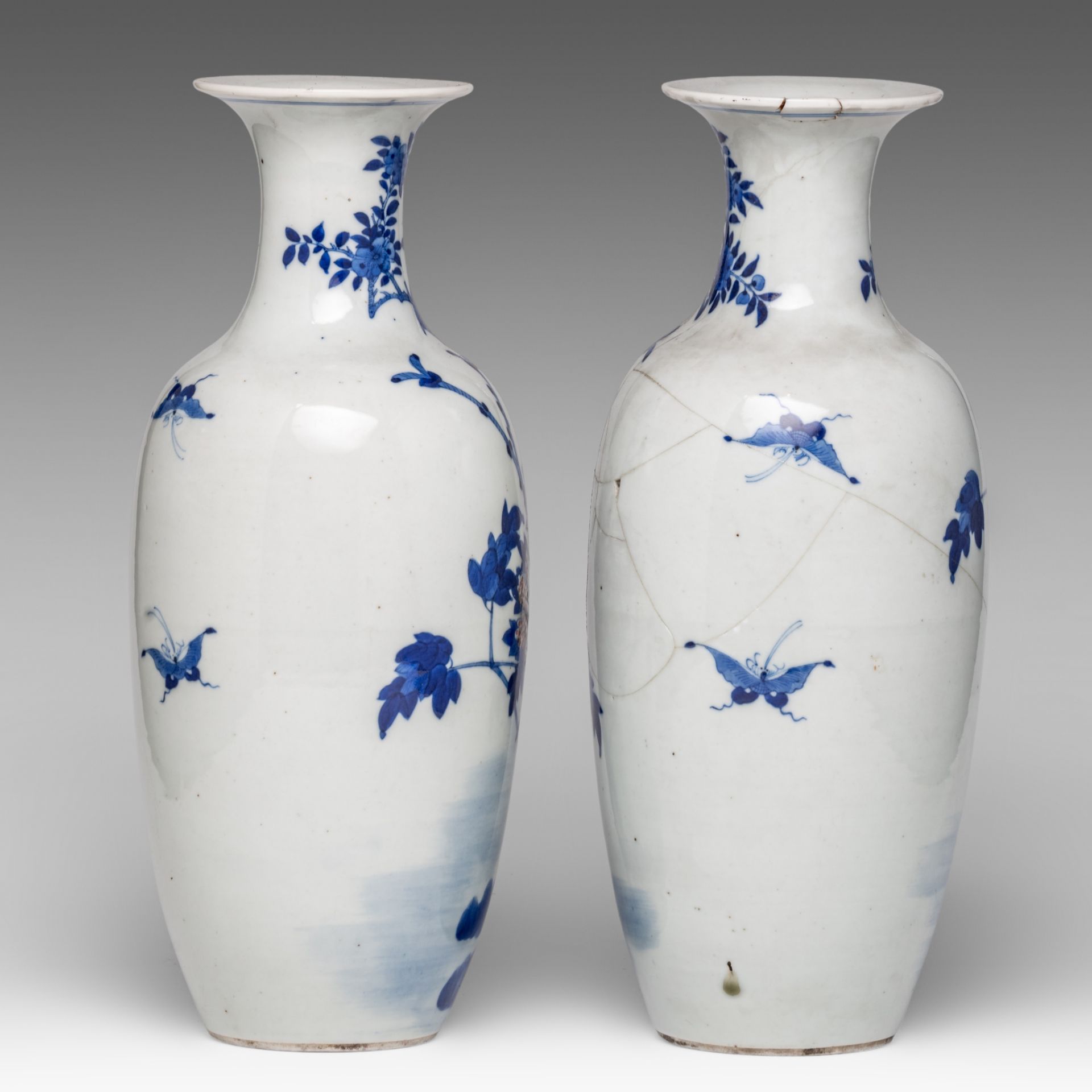 A pair of Chinese blue and white and copper-red 'Pheasant and Peony' vases, with a Kangxi mark, late - Image 4 of 6