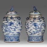 A pair of Chinese blue and white 'Dragon' covered vases, 19thC, H 64 cm