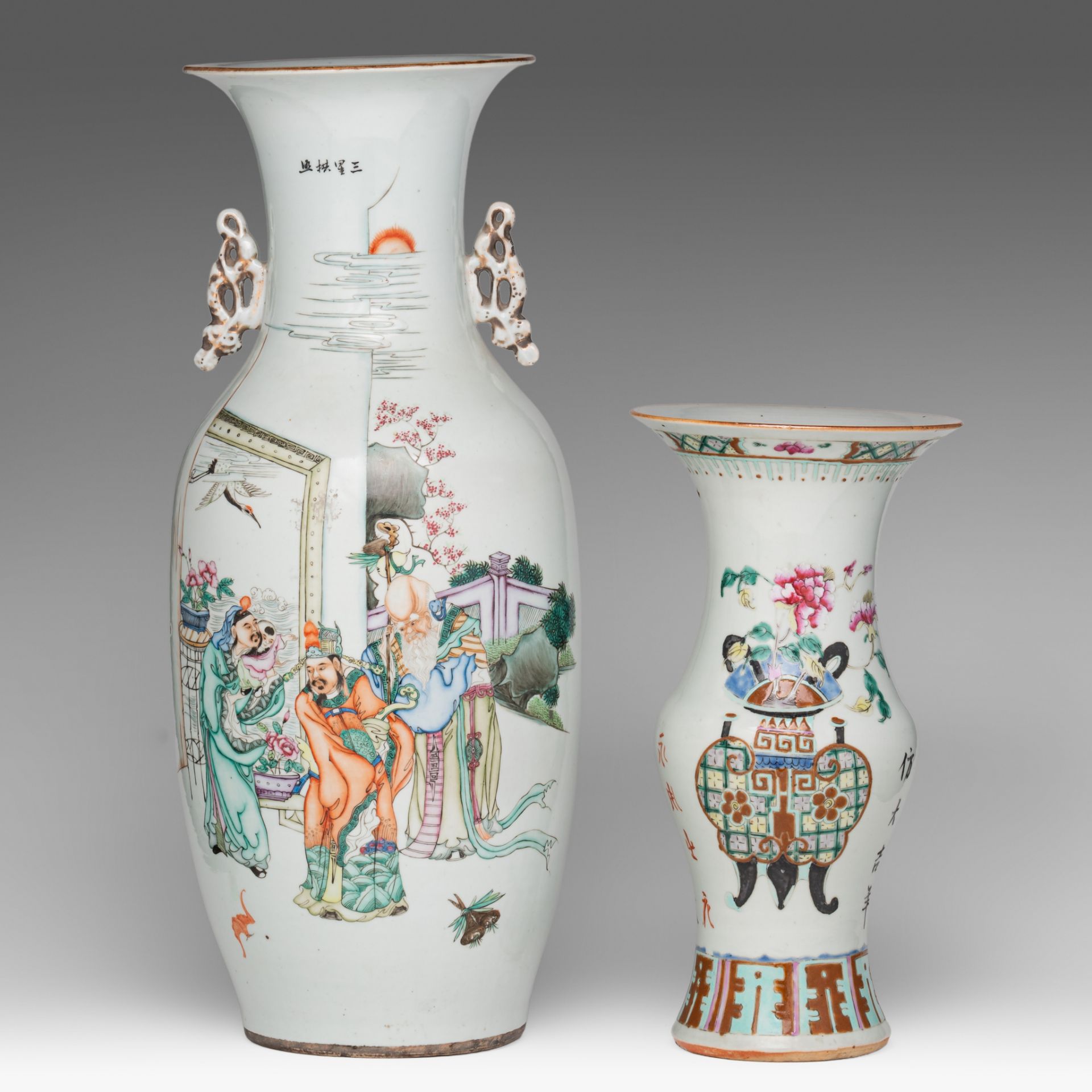 A Chinese famille rose 'Fu Lu Shou Xing' vase, with a signed text, Republic period, H 56,5 cm - adde