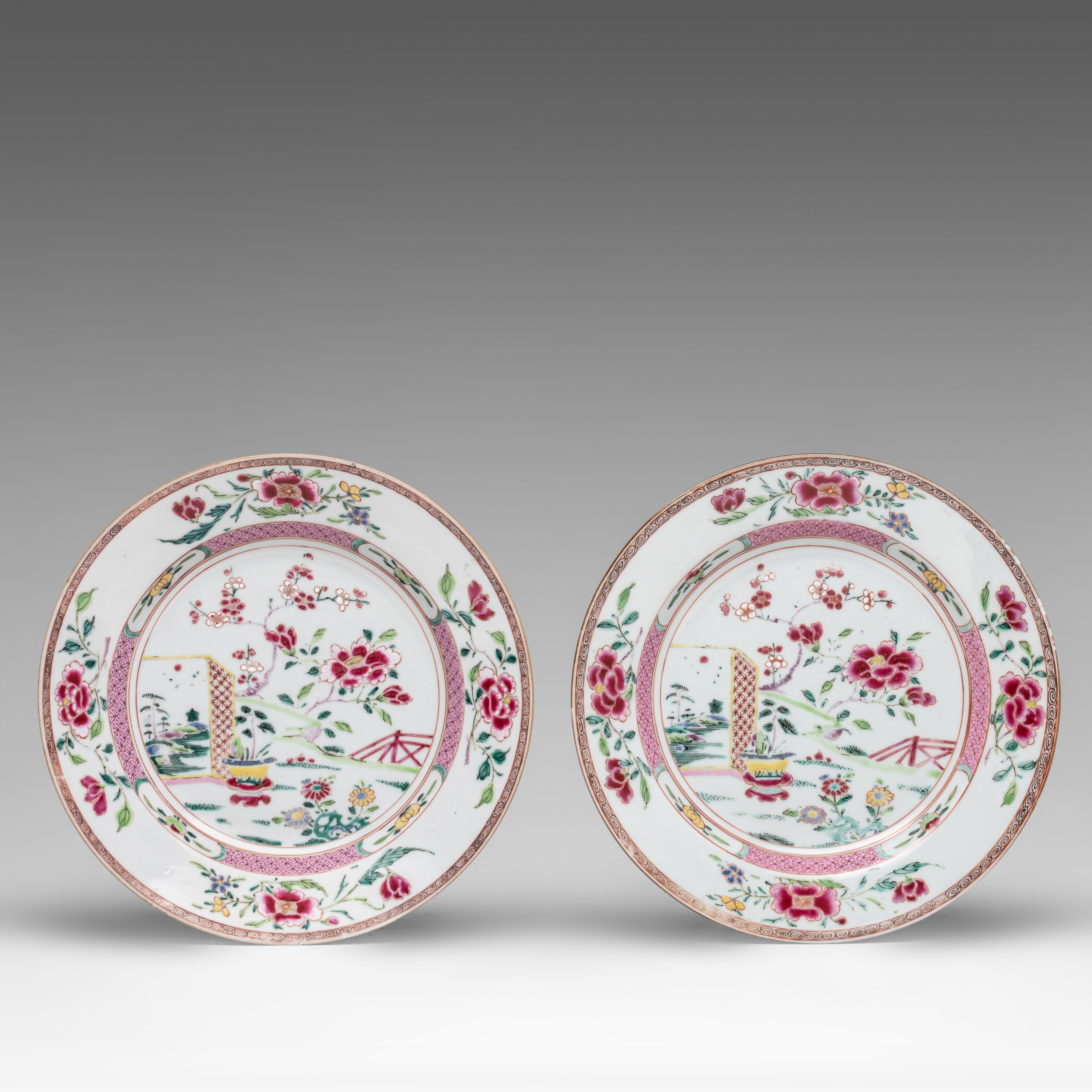 A series of ten Chinese famille rose 'Peony garden' dishes, 18thC, dia 22 cm - Image 8 of 11
