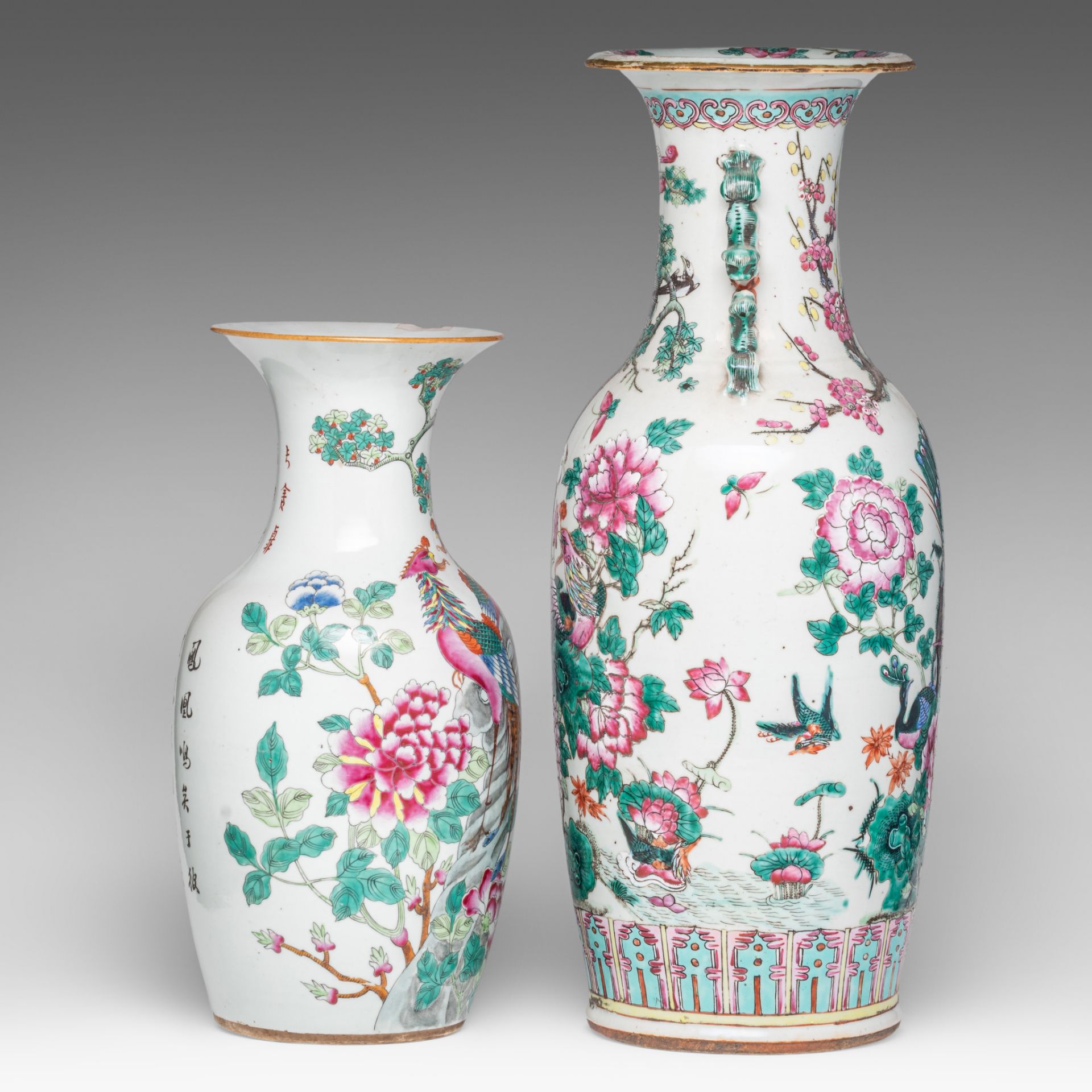 Two Chinese famille rose 'Birds amongst flower branches' vases, one with a signed text, 19thC, H 43, - Bild 4 aus 6