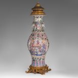 A Chinese famille rose 'The Romance of the Three Kingdoms' vase, paired with swan handles, with bron