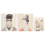 Two Chinese portrait paintings, colour and ink on silk, 20thC, framed 28 x 13,5 cm - and a landscape