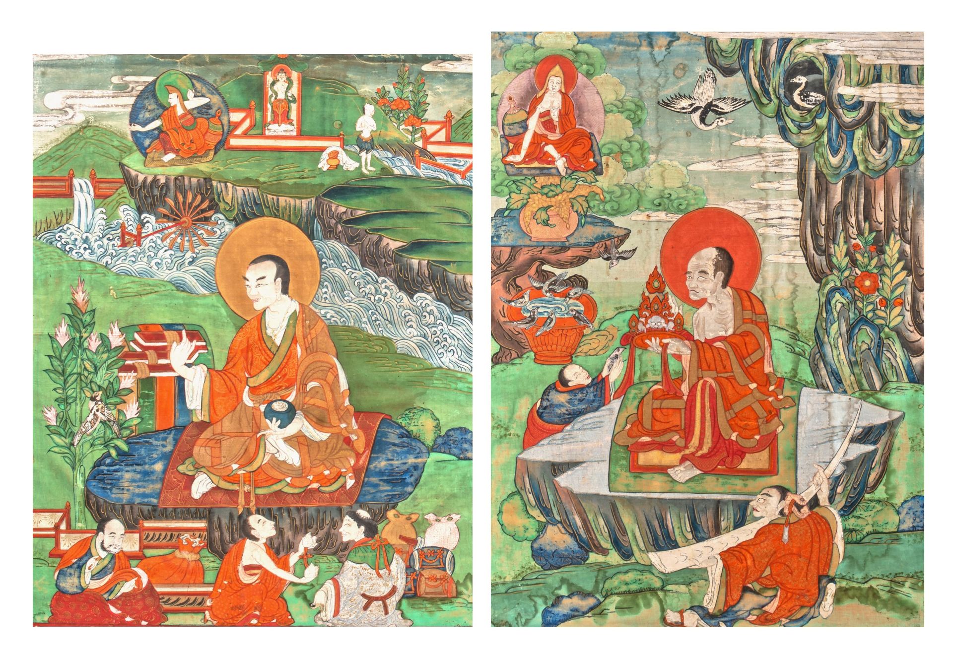 Two Tibetan Thangkas depicting an Arhat or Buddhist Elder, 18thC/early 19thC, framed 37 x 47,5 cm