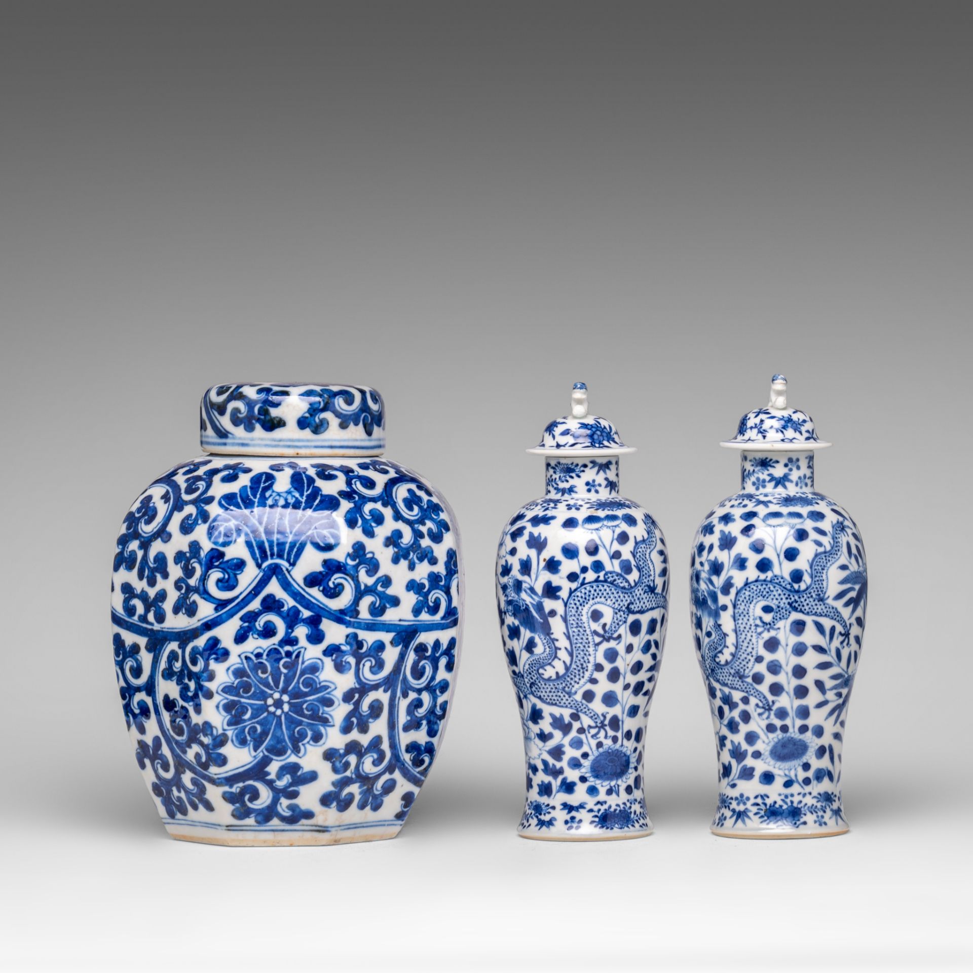 A small collection of Chinese blue and white lidded vases, 19thC, H 27 cm - added six Japanese Arita - Image 9 of 15