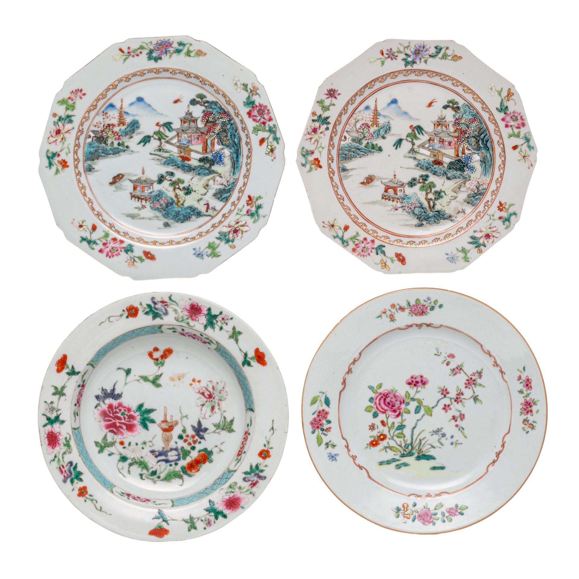 Four Chinese famille rose export porcelain dishes, a series of two fine dishes depicting a river lan