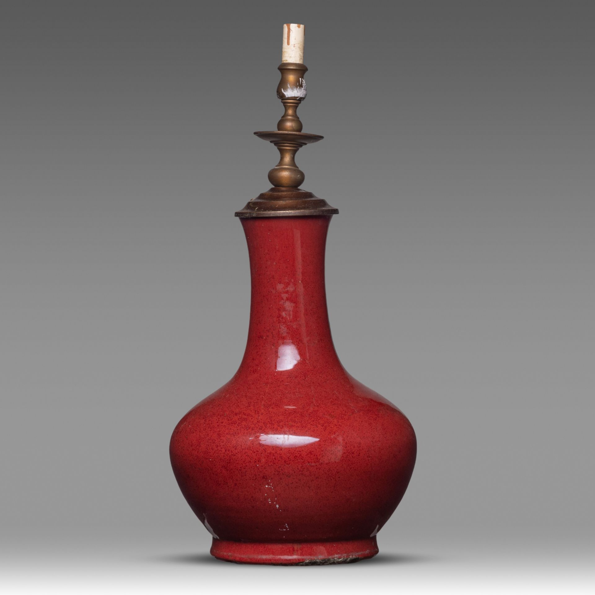 A Chinese sang-de-boeuf glazed bottle vase, with lamp mounts, H 34 - Total H 53 cm - Image 4 of 6