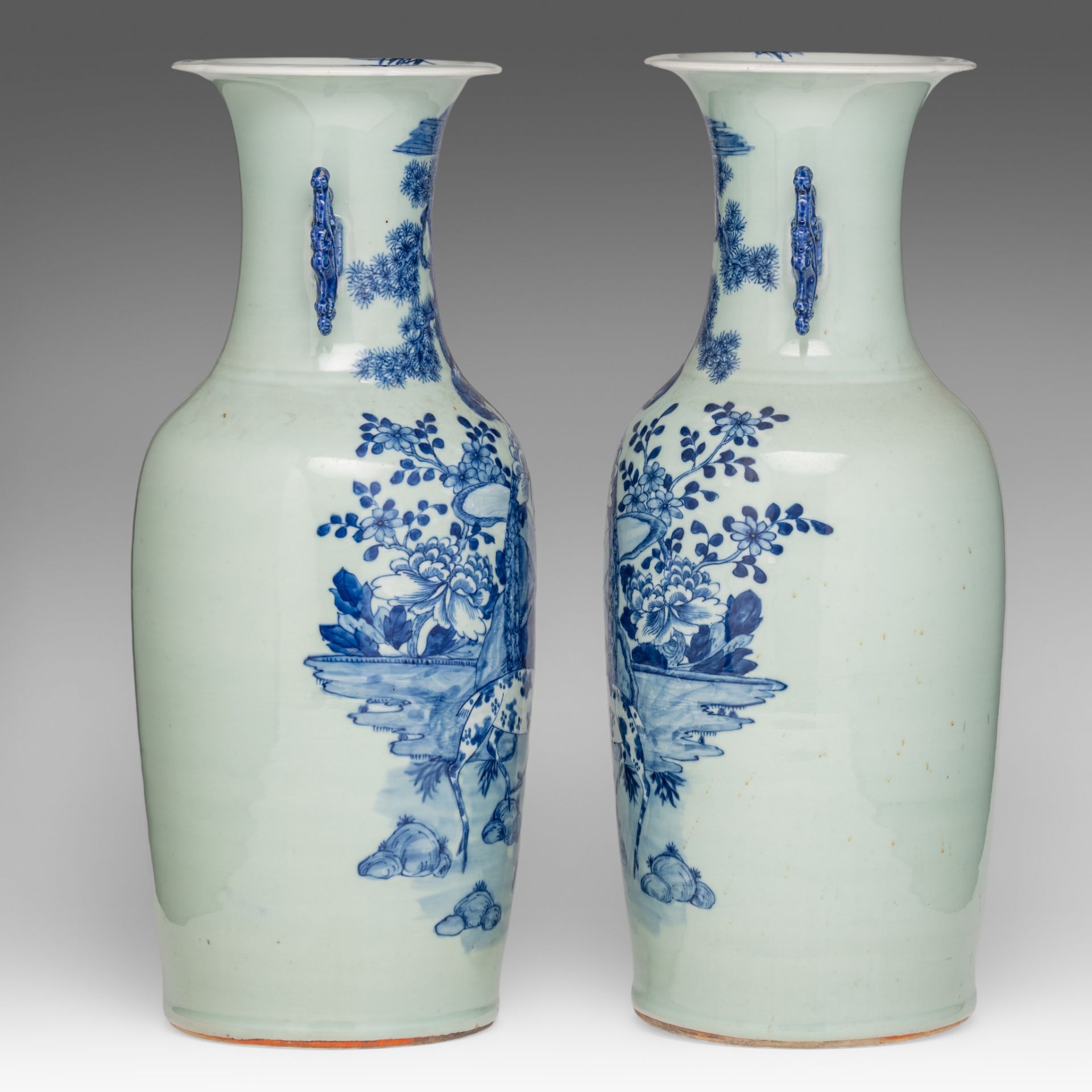 A pair of Chinese blue and white on celadon ground vases, paired with lingzhi handles, 19thC, H 58 c - Image 2 of 6