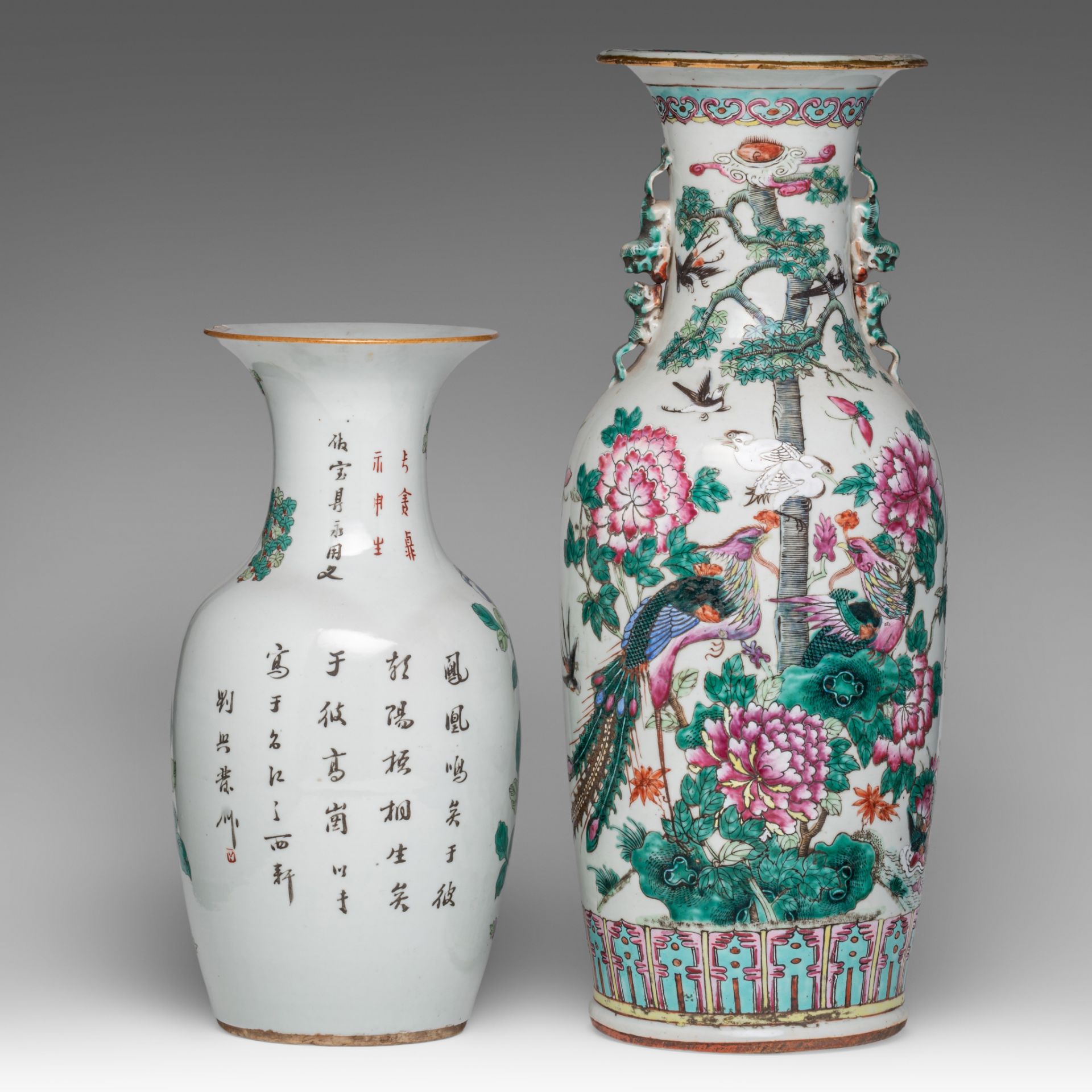 Two Chinese famille rose 'Birds amongst flower branches' vases, one with a signed text, 19thC, H 43, - Bild 3 aus 6