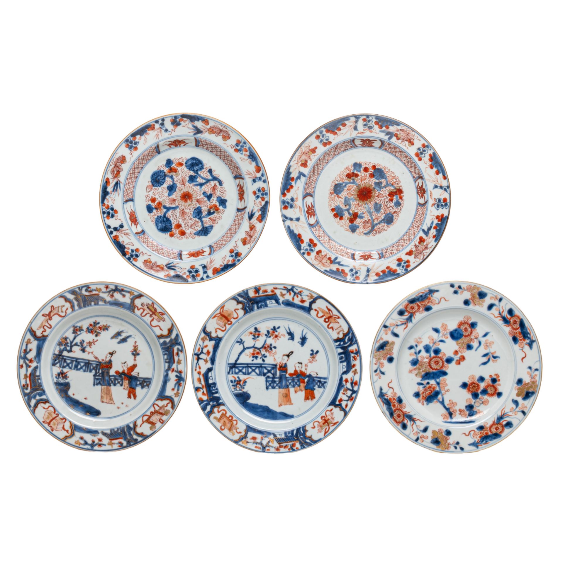 A collection of Chinese Imari dishes, some figural and some with flower design, Kangxi period, dia 2