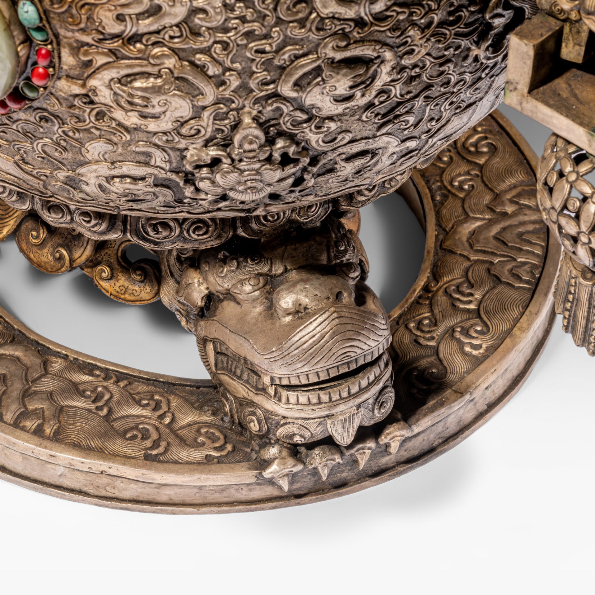 A massive Sino-Tibetan metal censer with jade carvings, coral and turquoise beads inlay, late 19thC, - Image 9 of 13