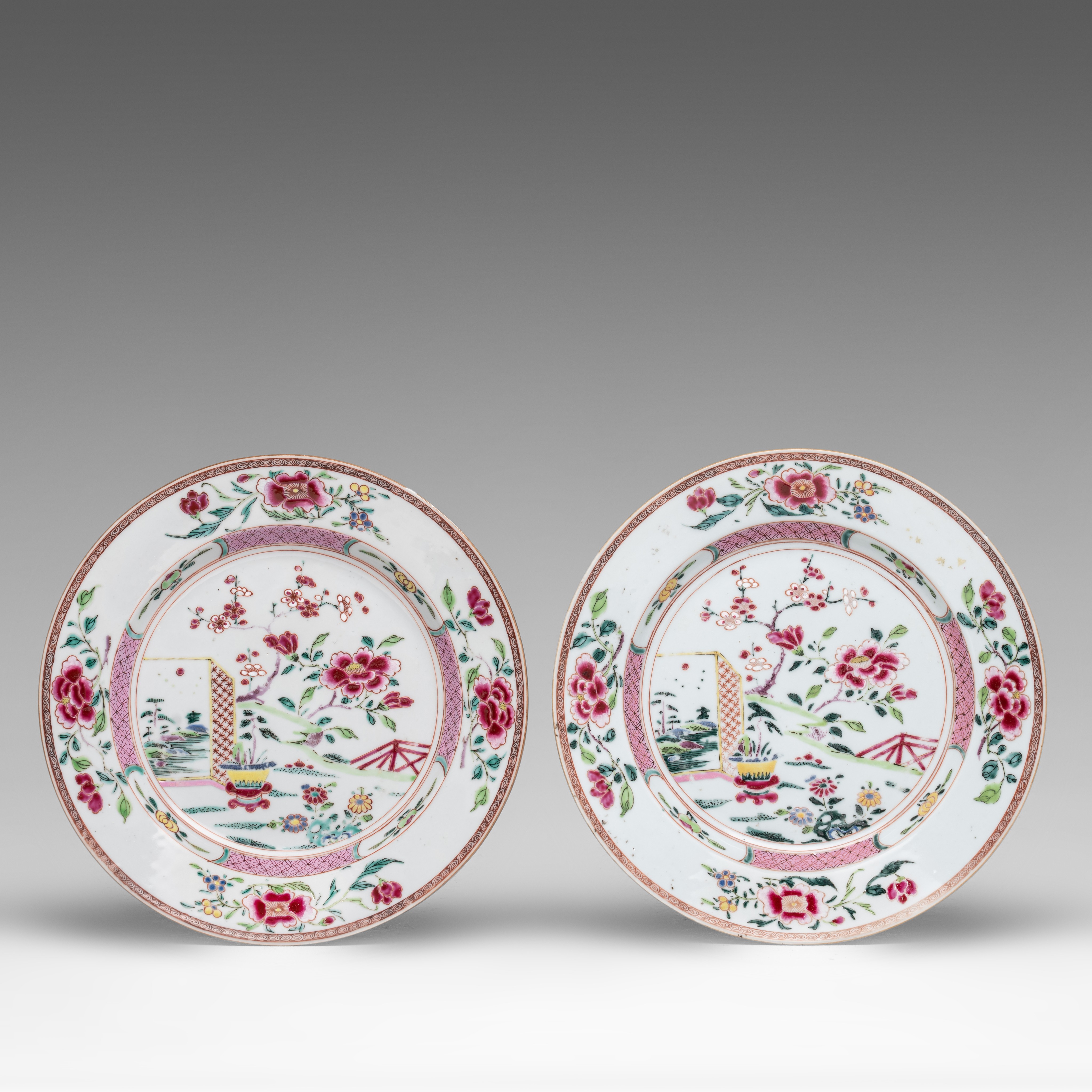 A series of ten Chinese famille rose 'Peony garden' dishes, 18thC, dia 22 cm - Image 10 of 11