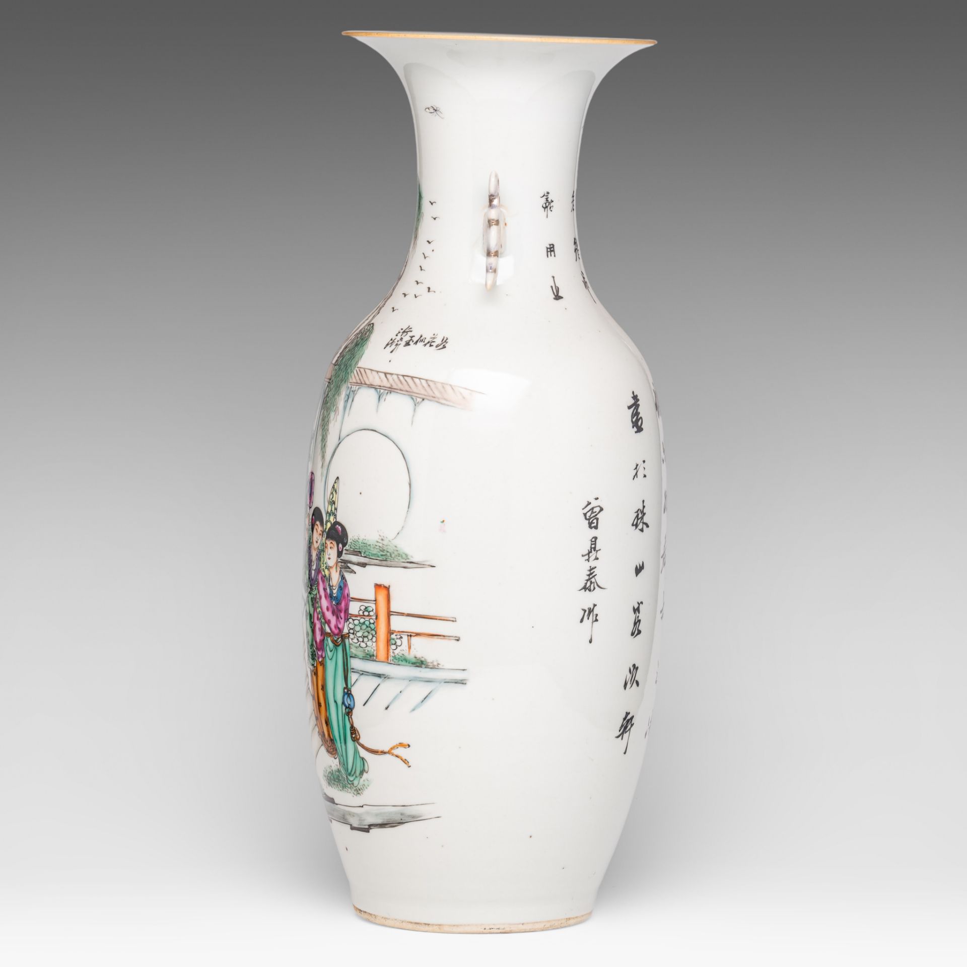 A Chinese famille rose vase, signed text, Republic period, H 57 cm - and a pair of celadon ground ye - Bild 3 aus 13