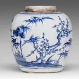 A Chinese blue and white 'Three Friends of Winter' jar, 18thC, H 17,5 cm