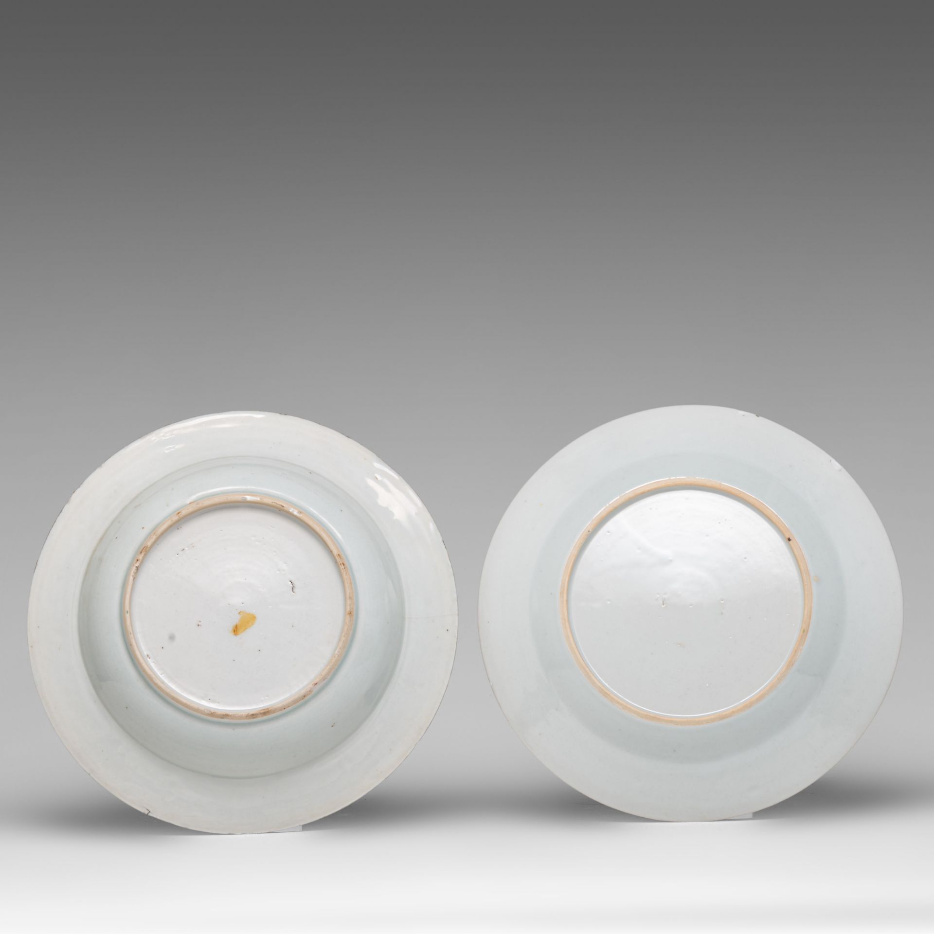 Four Chinese famille rose export porcelain dishes, a series of two fine dishes depicting a river lan - Image 5 of 5