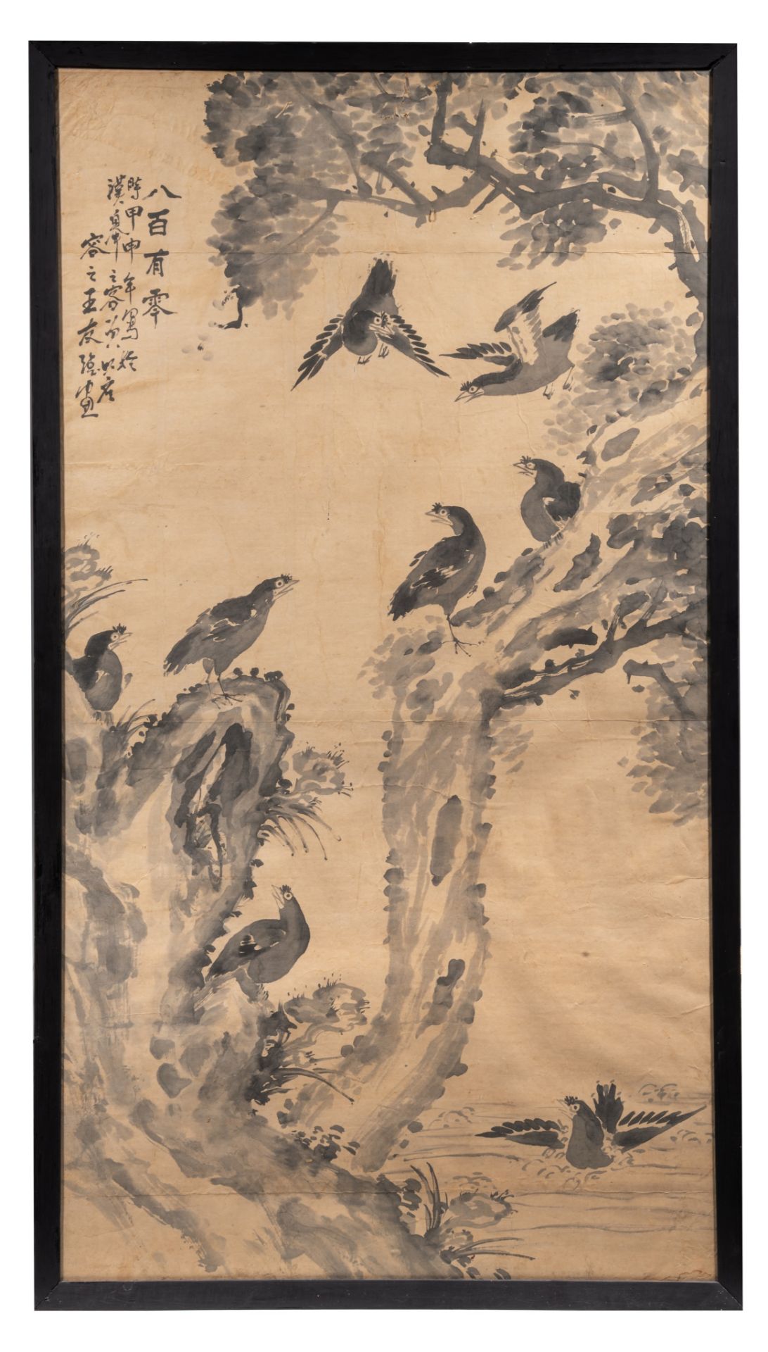 A Chinese painting, ink on paper, 'Birds on flower branches', incl a poem, framed 83,5 x 149,5 cm - Bild 2 aus 6
