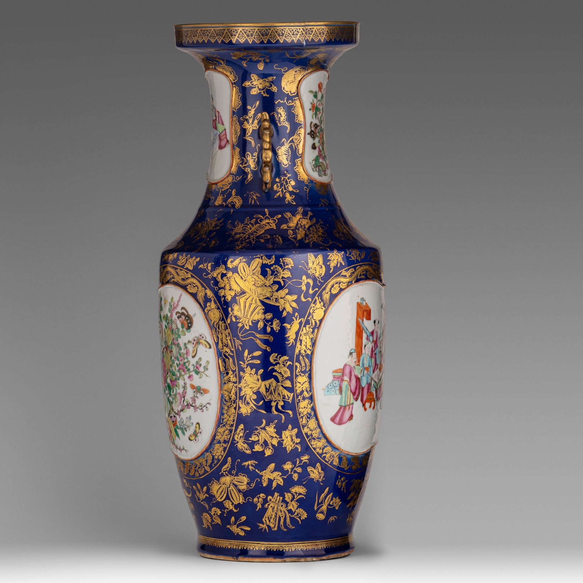 A Chinese Canton famille rose and gilt on blue ground vase, paired with dragon handles, 19thC, H 60 - Bild 4 aus 7