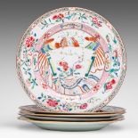 A unique series of five Chinese famille rose 'Phoenix holding a scroll' dishes, Qianlong period, dia