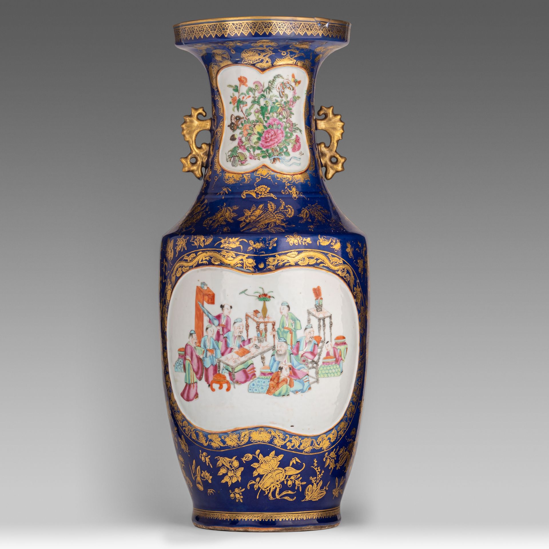 A Chinese Canton famille rose and gilt on blue ground vase, paired with dragon handles, 19thC, H 60