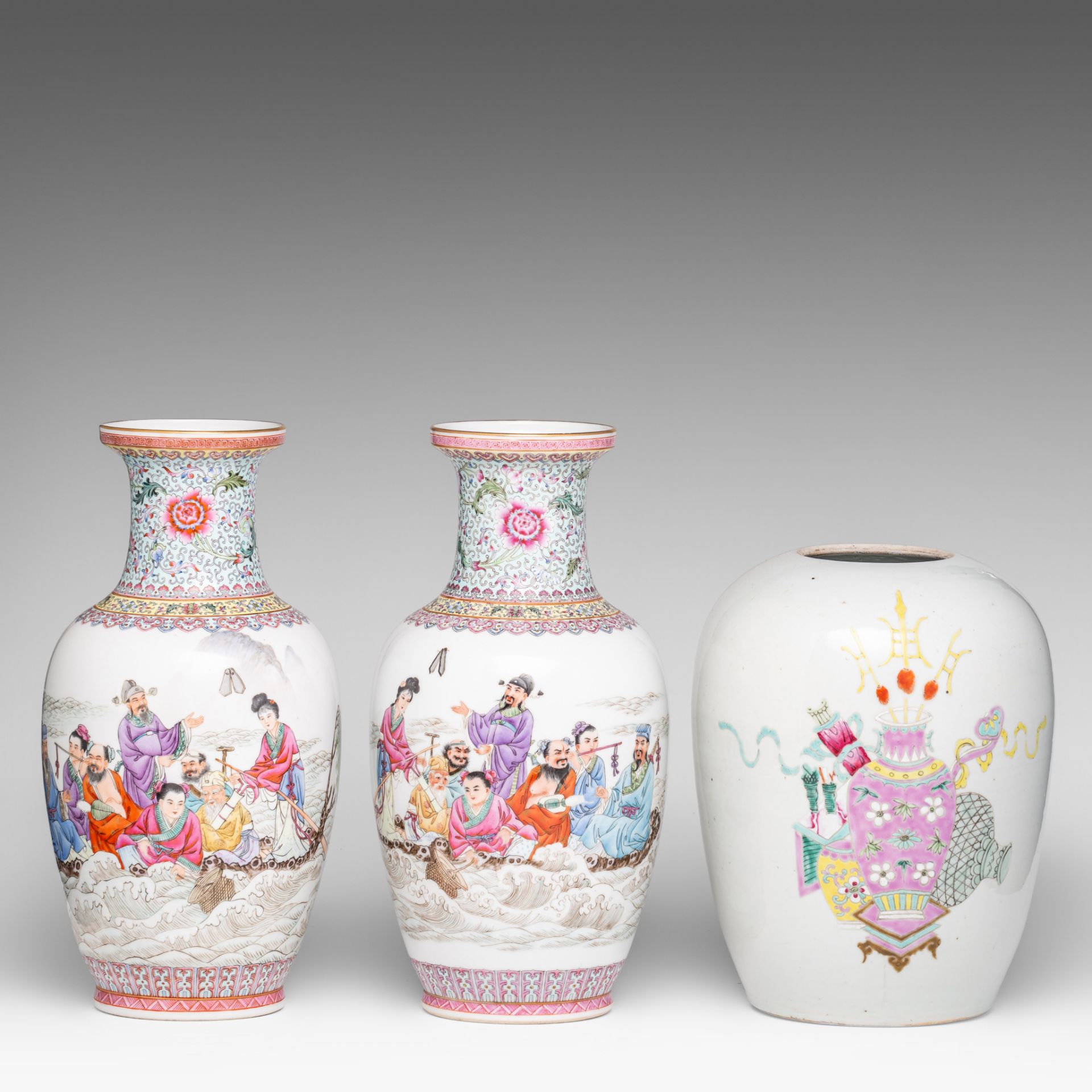 A pair of Chinese famille rose 'Eight Immortals' vases, 20thC, H 36,3 cm - added a 'One Hundred Trea