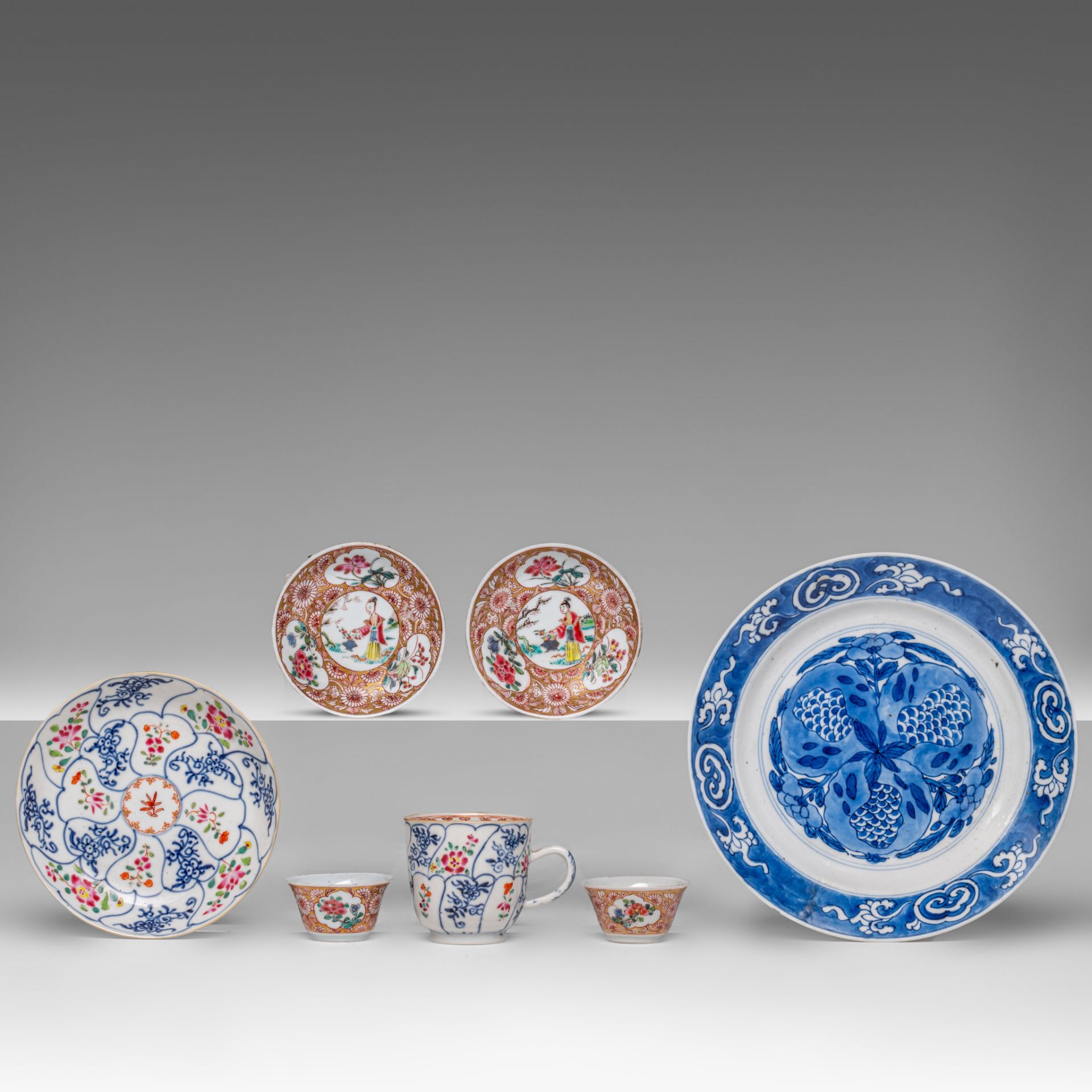 Three sets of Chinese famille rose export porcelain cups and saucers, Yongzheng and Qianlong period