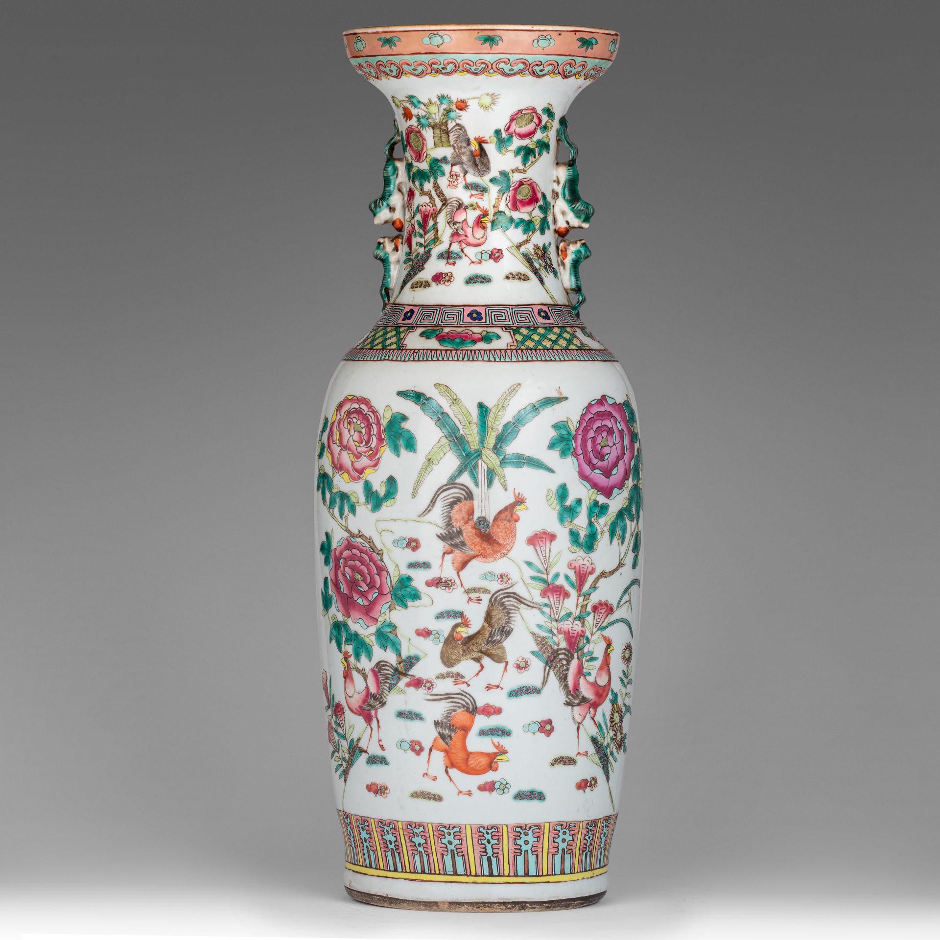 A Chinese famille rose 'Cockerel' vase, 19thC, H 61 cm - Bild 3 aus 12