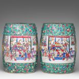 Two Chinese famille rose on turquoise ground 'Beauties on a terrace' garden seats, 20thC, H 48 cm