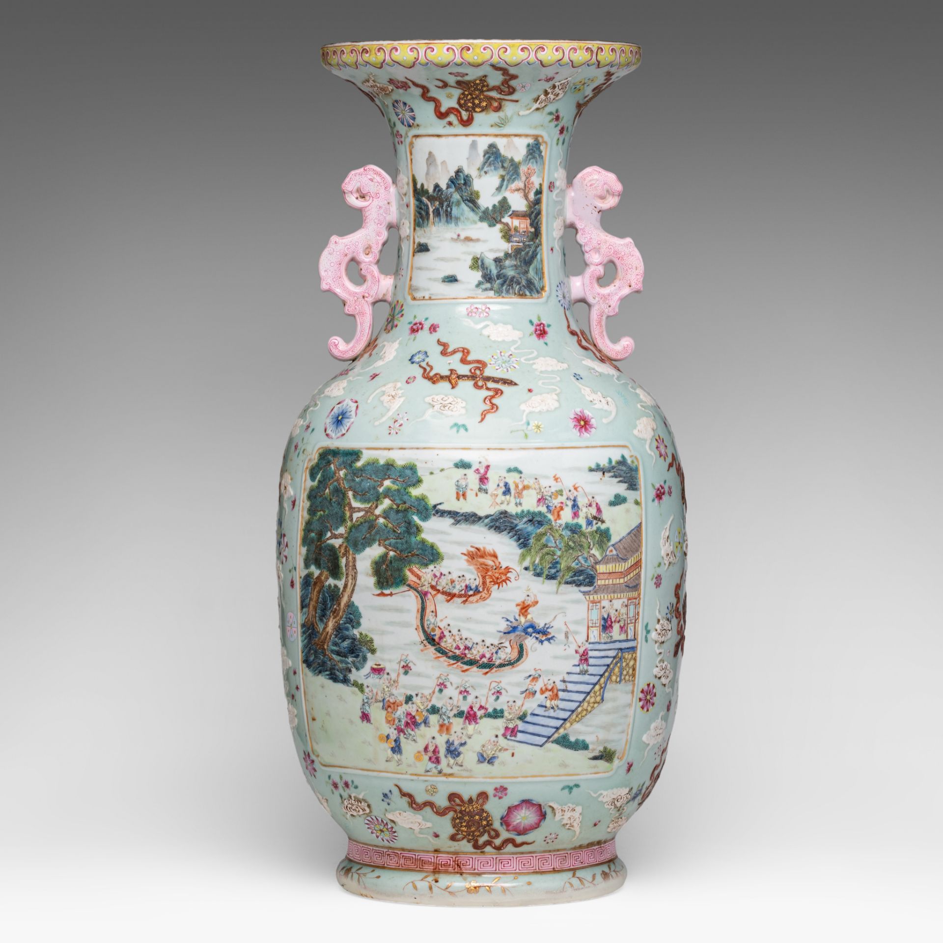 A large Chinese famille rose 'One Hundred Boys' vase, paired with dragon handles, with a Qianlong ma