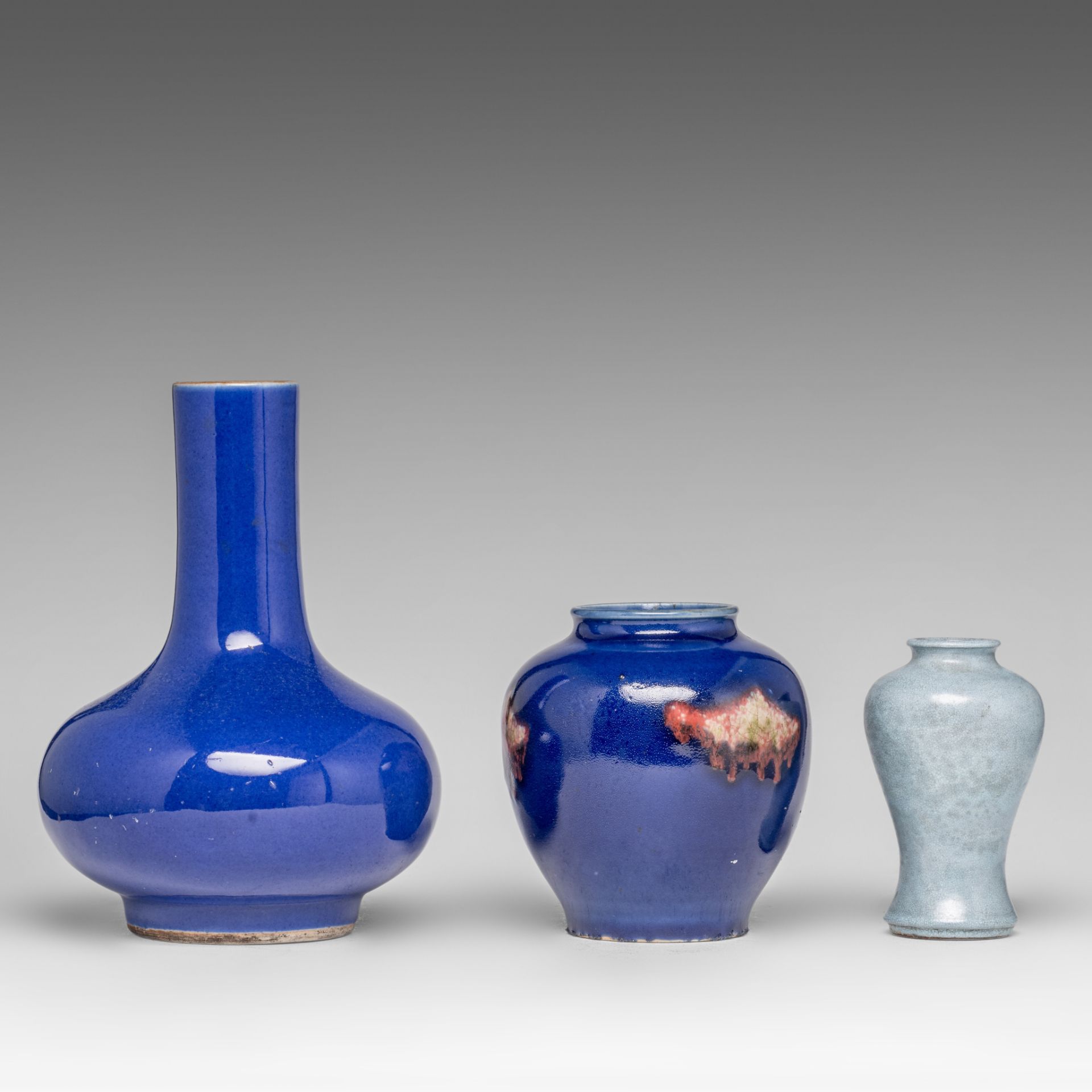 A collection of two Chinese monochrome glazed ware and a ru-ware style meiping vase, late 19thC/20th - Image 3 of 6