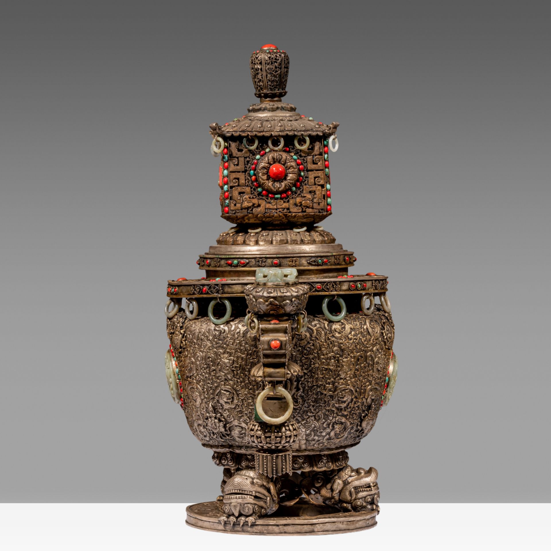 A massive Sino-Tibetan metal censer with jade carvings, coral and turquoise beads inlay, late 19thC, - Image 6 of 13