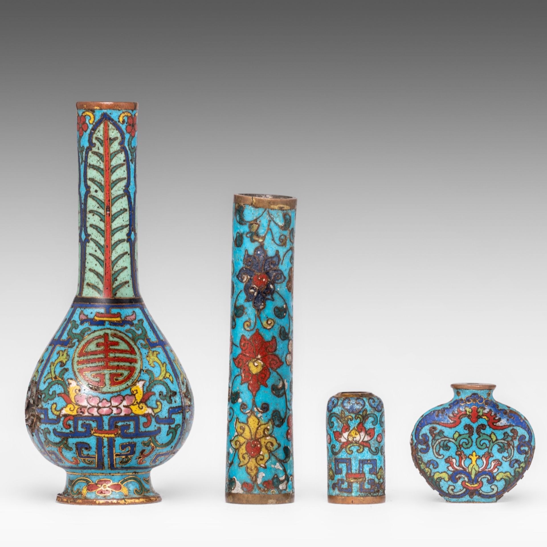 A collection of Chinese cloisonne enamel miniature vases, tallest H 18 cm