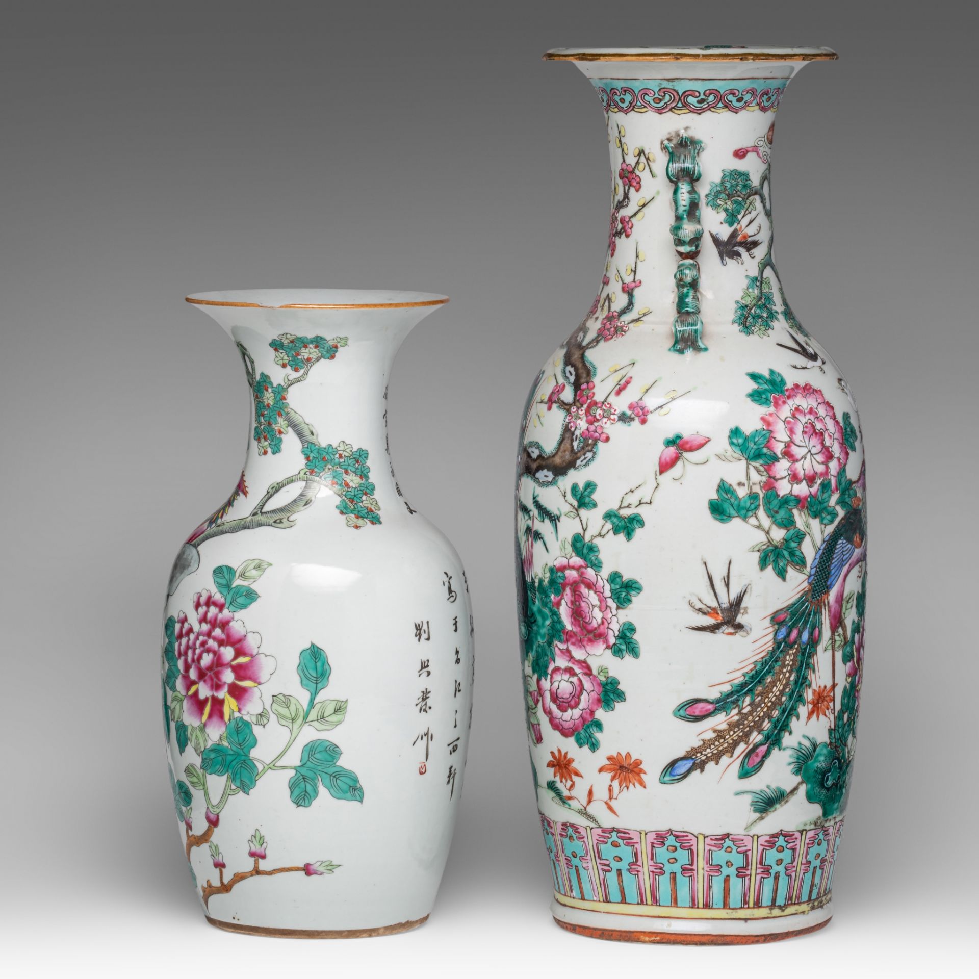 Two Chinese famille rose 'Birds amongst flower branches' vases, one with a signed text, 19thC, H 43, - Bild 2 aus 6