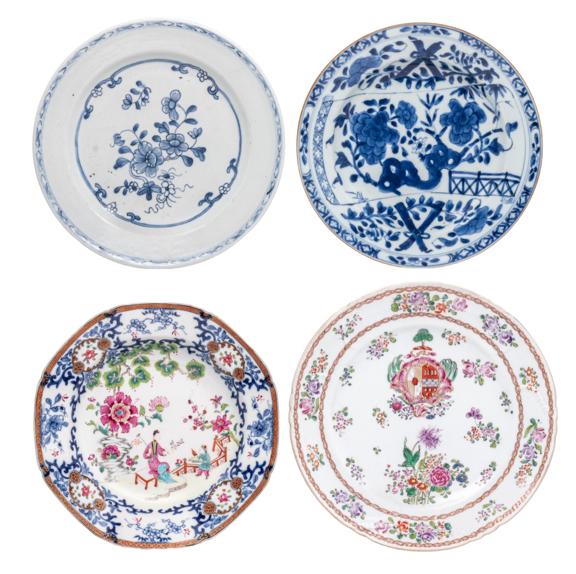 A collection of two Chinese blue and white dishes, 18thC - and two European copies of famille rose c