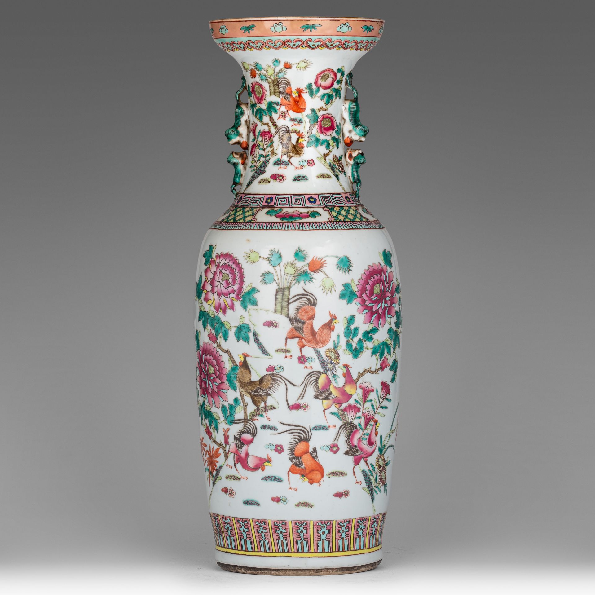 A Chinese famille rose 'Cockerel' vase, 19thC, H 61 cm