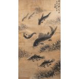 A large Chinese painting, ink on paper, 'Carp in a pond', incl. a poem, framed 83,5 x 149,5 cm