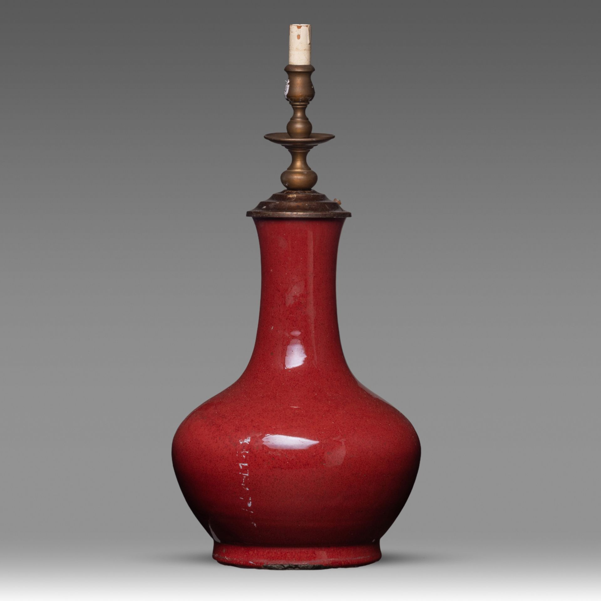 A Chinese sang-de-boeuf glazed bottle vase, with lamp mounts, H 34 - Total H 53 cm