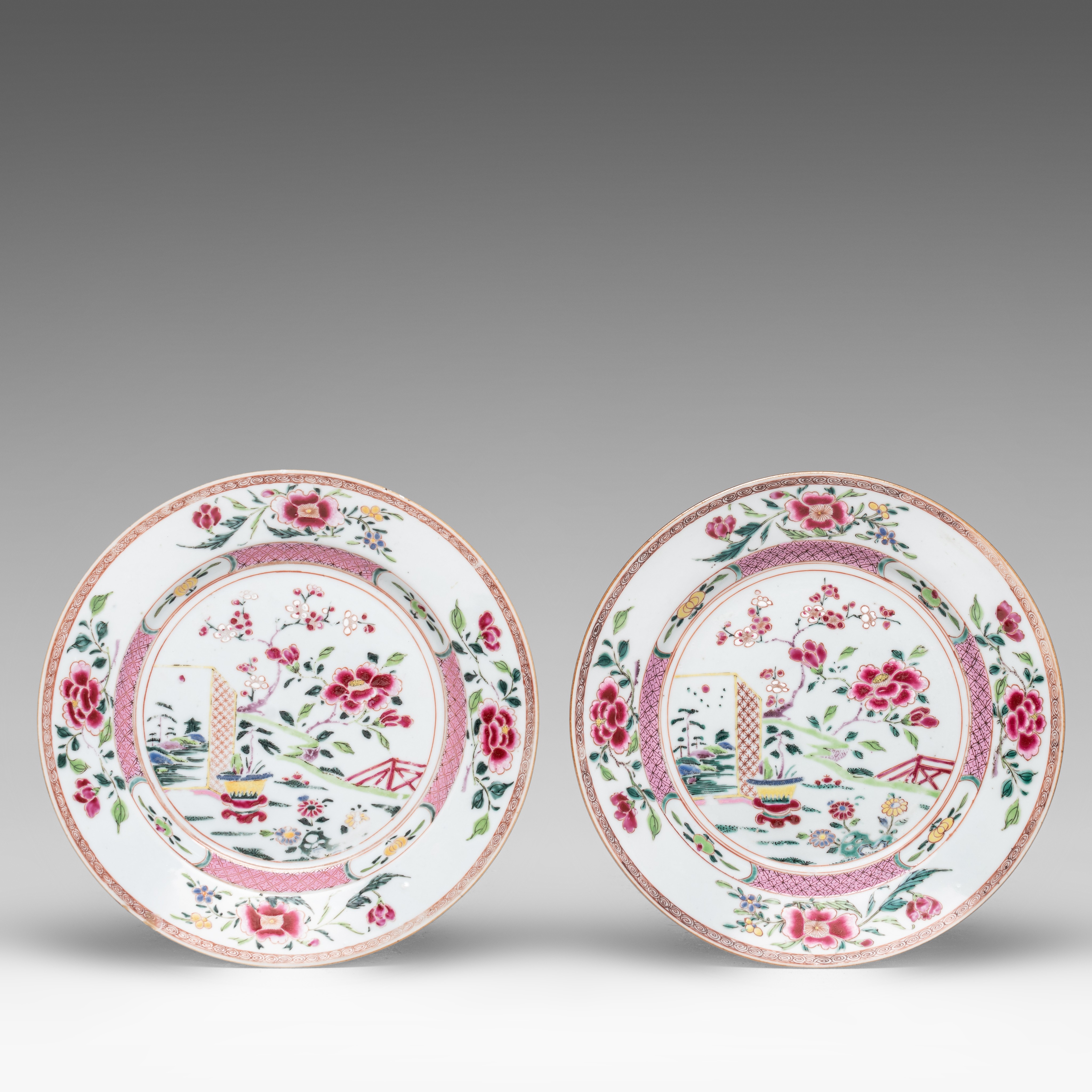 A series of ten Chinese famille rose 'Peony garden' dishes, 18thC, dia 22 cm - Image 4 of 11