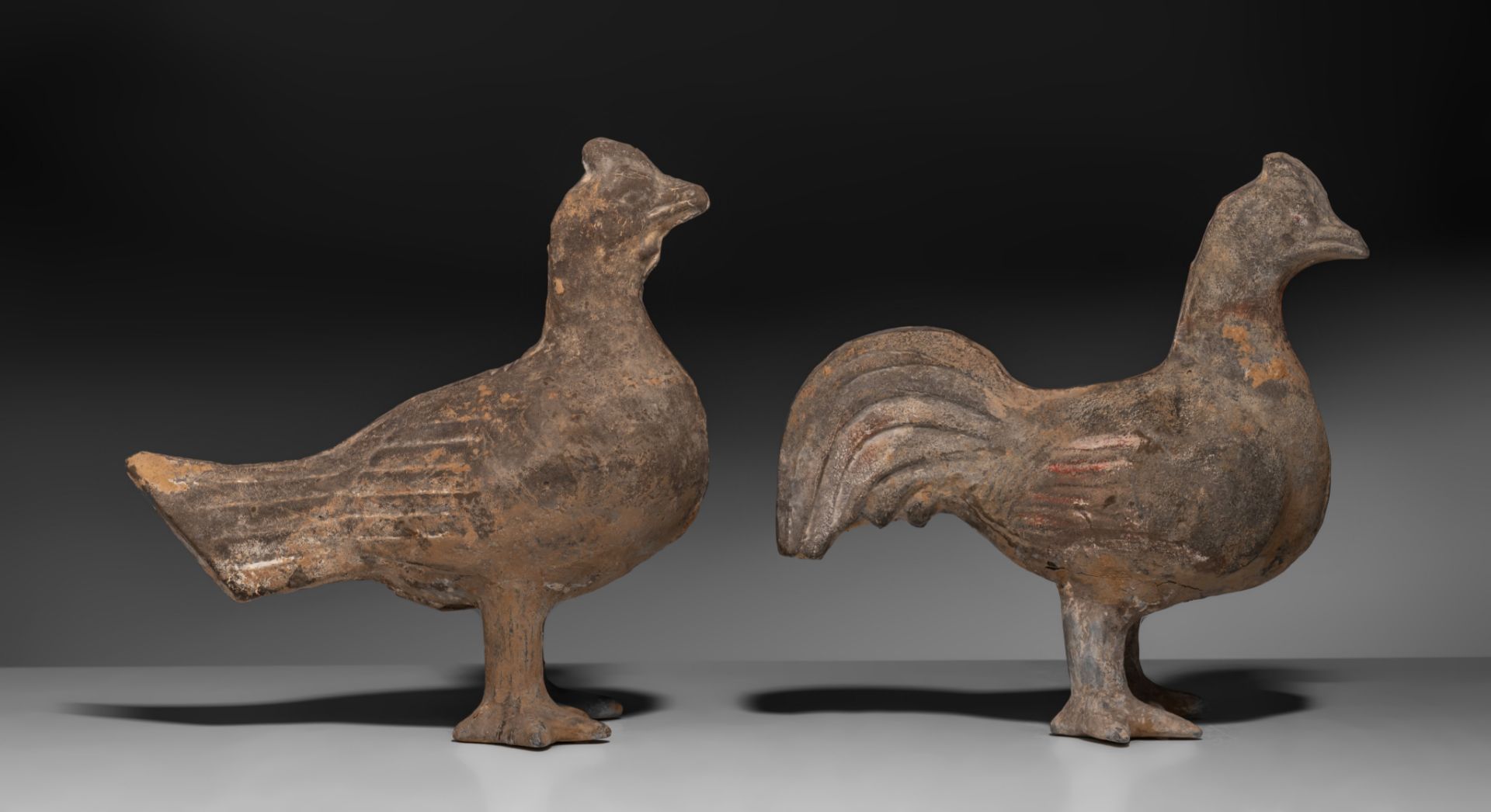 Two Chinese Han pottery figures of roosters, Han dynasty, H 21,8 - 22,8 cm - Image 5 of 8