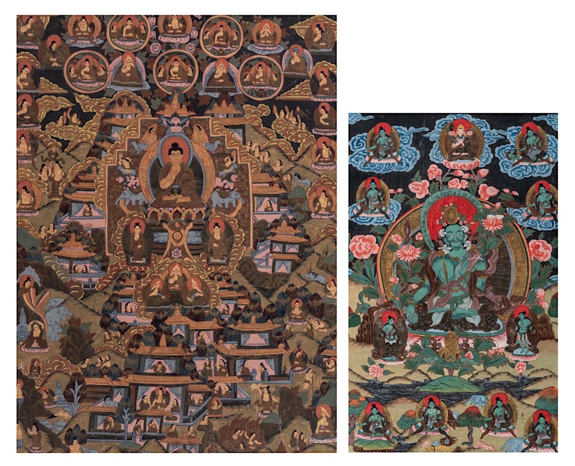 Two Nepalese thangkas, including one depicting Green Tara, late 19thC/20thC, largest x cm