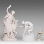 A collection of two biscuit groups and a Meissen polychrome porcelain figurine, H 13,5 - 37,5 cm